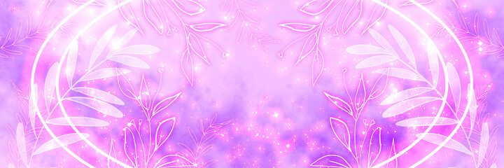 Fototapeta na wymiar Glowing white frame on an artistic pink galactic background with star dust and color effects. With handdrawn grass. Effective background with realistic nebula. Magical color galaxy.