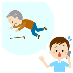 倒れている高齢男性と電話連絡している男性