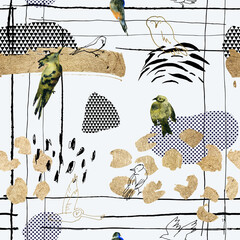 Hand-drawn artistic seamless pattern with birds - 463420714