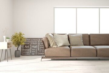Modern living room in white color with sofa. Scandinavian interior design. 3D illustration