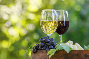 two glasses of red and white wine on barrel in garden