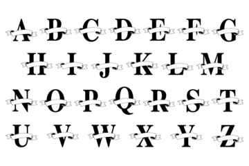 Monogram Latin alphabet with ribbon banners on white background