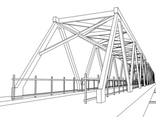 Modern truss bridge model. Outline frame model on white