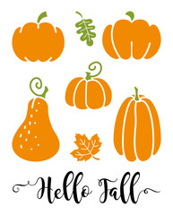 Hello Fall. A set of flat icons of pumpkins and autumn leaves