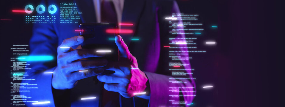 Business man hand typing on mobile phone futuristic interface data analytic graph chart background, finance online network communication digital world metaverse NFT gameFi technology