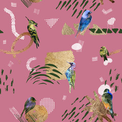 Hand-drawn artistic seamless pattern with birds - 463421702