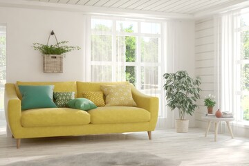 Fototapeta premium Minimalist living room in white color with sofa and summer landscape in window. Scandinavian interior design. 3D illustration