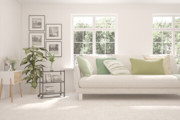 White living room with sofa and summer landscape in window. Scandinavian interior design. 3D illustration