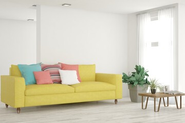 White living room with sofa. Scandinavian interior design. 3D illustration