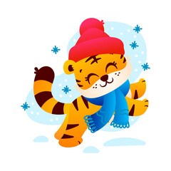 Cute tiger joyfully jumping into the snow, character symbol Happy New Year funny illustration isolated on white background. Vector