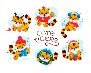 Set of cute tigers, funny characters symbol Happy New Year, illustration isolated on white background. Vector
