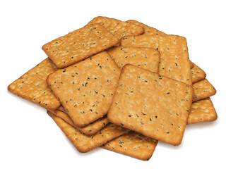 Many delicious crackers on white background, top view