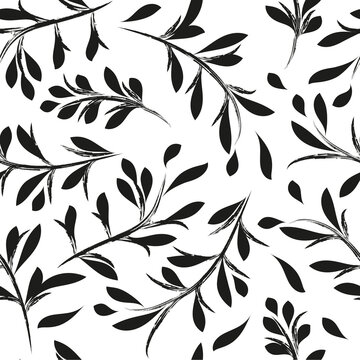 Seamless black and white botanical pattern. Hand-drawn leaves and twigs. Natural background for textile, cover, wallpaper, gift packaging, printing.Romantic design for calico, silk.
