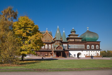 Moscow, Russia - October 7, 2021: Autumn view of the Palace of Tsar Alexei Mikhailovich in the Kolomenskoye