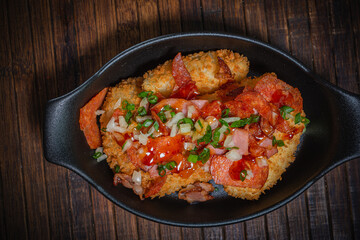 Meat stew with baked potatoes- hunter style. Fastfood- restaurant concept