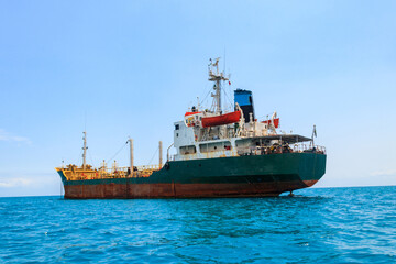 Large industrial ship sailing in the Indian ocean near Zanzibar, Tanzania