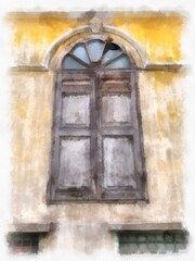 antique wooden window watercolor style illustration impressionist painting.