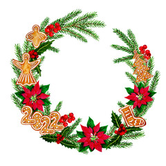 Christmas watercolour wreath, 2022, Christmas cookies, poinsettia, holly, Christmas tree. Hand drawn object, isolated on white.