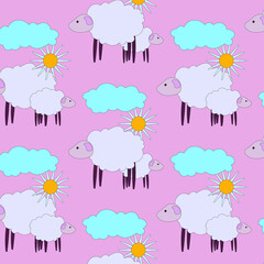 Seamless pattern with sheep, clouds and flowers. Kids bedtime print. Vector hand drawn illustration.