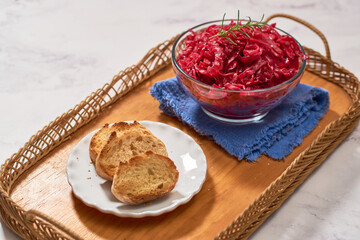 Red cabbage sauerkraut Homemade red cabbage sauerkraut ready to eat. Vegetarian food.