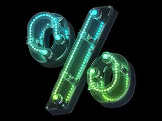 Futuristic green light font. Percent symbol. 