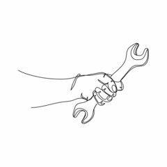 Continuous one single line drawing of males hand with a wrench in silhouette on a white background. Linear stylized.
