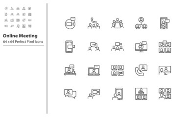 set of online meeting line icons, video call, video conference