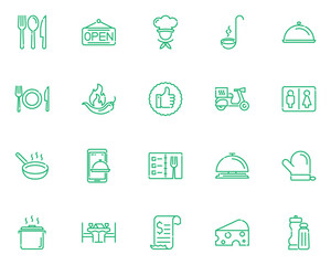 set of restaurant line icons, food, drinks, chef