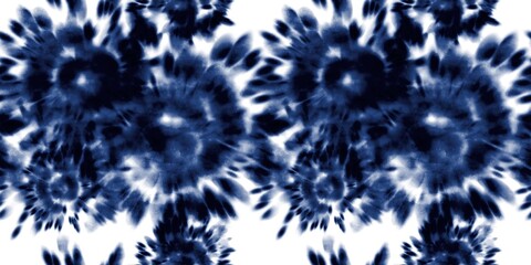 Seamless indigo tie dye 1970s funky hippie repeat pattern swatch motif for surface design and print. High quality illustration. Vibrant navy blue apparel material print. Psychedelic textile design.