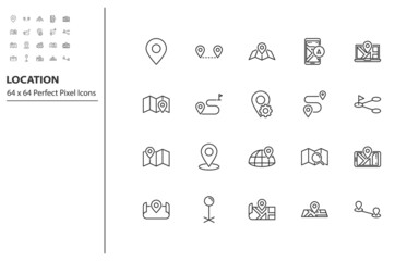 set of locaation line icons, map, nevigation