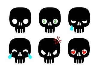 Vector Emoji  black Skull set with Different Reactions Isolated on white Background. Modern Emoticons Collection in Flat Style. Halloween silhouette elements. vector for halloween card decoration
