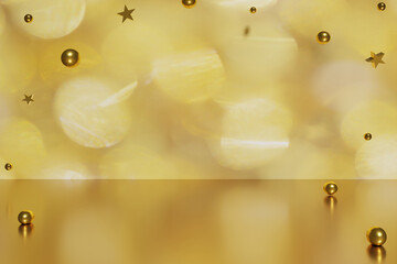 3d render of flying gold Christmas balls and stars on a golden bokeh background