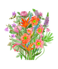 wild bunch of different exotic colorful flowers. watercolor painting
