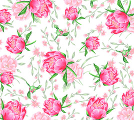 Flower pattern. Pink peonies. Idea for textiles, prints, packaging, wallpaper and more. Watercolor. 
