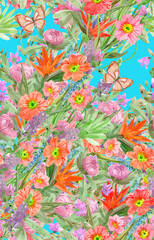 Fototapeta na wymiar seamless texture with different colorful flowers and butterflies. watercolor painting