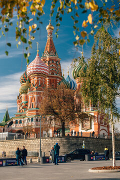 MOSCOW, RUSSIA - OCTOBER 09, 2021: St. Basil's Cathedral in autumn foliage