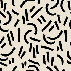 Vector drawn black lines blots ecru repeat pattern