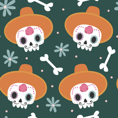 Dia de los muertos, Mexican Day of the Dead cute cartoon colorful seamless vector pattern background illustration