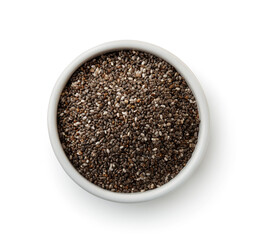 Top view of chia seeds in ceramic bowl