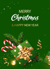 Merry Christmas and New Year banner. Green Xmas background with gifts, glitter golden confetti, branches of Christmas tree, golden ball and red Xmas candy canes. Realistic vector illustration.