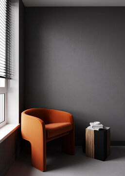 Black living room interior with bright orange armchair, minimalist industrial style, 3d render