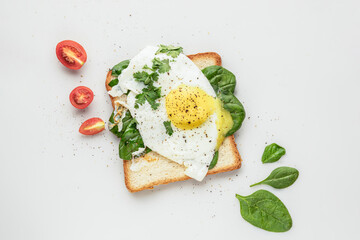 sadwich toast with fried egg and spinach. minimalistic food art healthy food