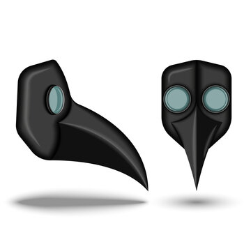 Realistic 3d plague doctor black mask bird-like beak front view and side view isolated on white background, halloween vector clipart.