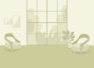 Fototapeta premium Green home interior flat color vector illustration. Cozy living room. Comfortable lifestyle. Modern apartment with chairs. Residential 2D cartoon apartment with panoramic window on background