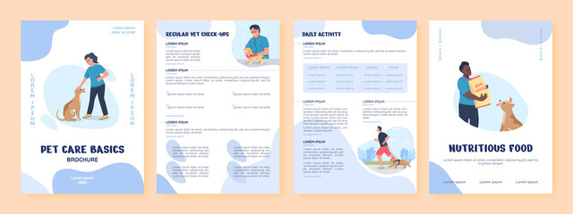 Obraz na płótnie Canvas Pet care basics flat vector brochure template. Flyer, booklet, printable leaflet design with flat illustrations. Magazine page, cartoon reports, infographic posters with text space