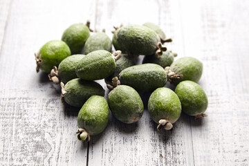 Feijoa fruits or pineapple guava on wooden table