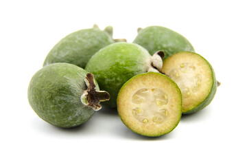 Feijoa fruit or whole and half pineapple guava isolated on white