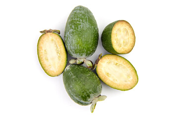 Feijoa fruit or whole and half pineapple guava isolated on white