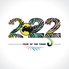 Obraz premium Year of tiger. 2022. Happy New Year. Vector template with the inscription 2022 and Tiger. Colored numbers for an attractive logo. Black Tiger Zodiac symbol. 