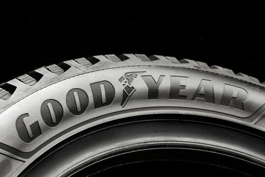 Krasnoyarsk, September 15, 2021: goodyear logo on the sidewall of the tire